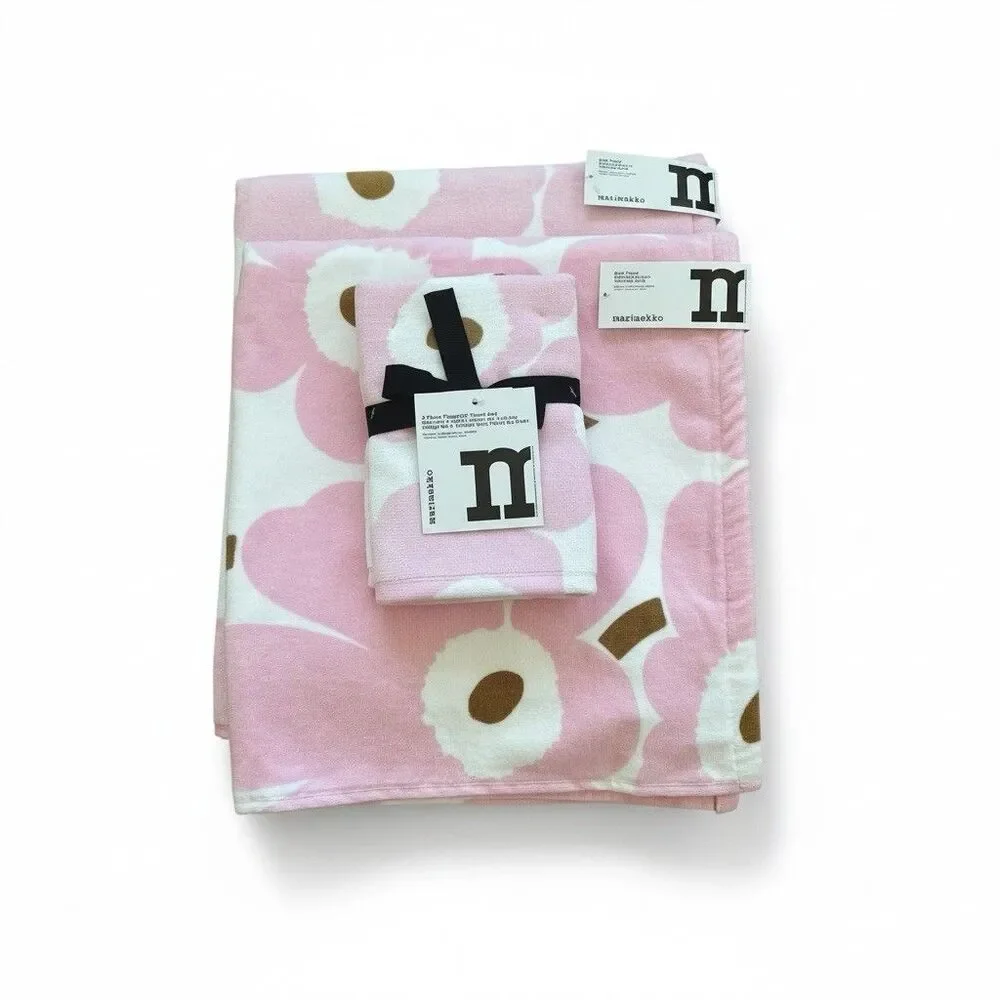 Marimekko Unikko 4 piece Towel Set Pink White Poppy Floral Bath Hand Fingertip